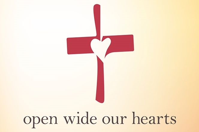 cross image with text reading "open wide our hearts"