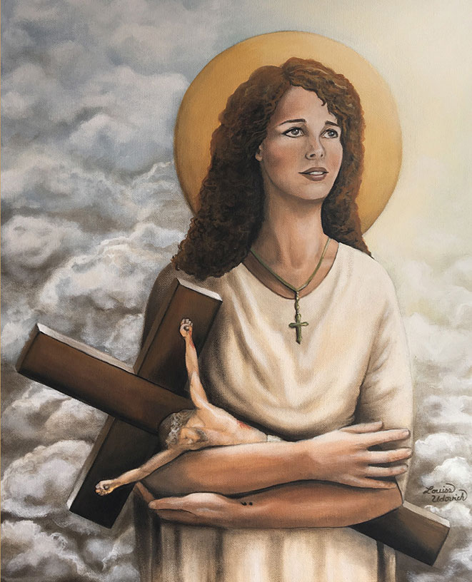 Painting of St. Dymphna holding crucifix.Patron Saint of Mental Health and Those with Nervous Afflictions