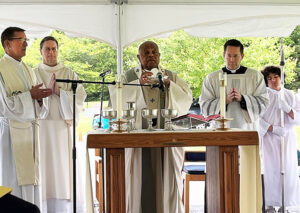 Washington Cardinal Wilton Gregory celebrates Memorial Day Mass at All Souls Cemetery in Germantown, Maryland.