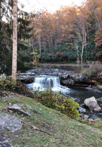Waterfall in Babcock State Park surrounded by trees.