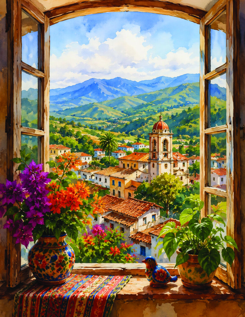 Painting of a view looking out of a window