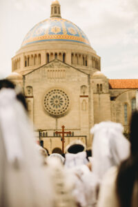 Basilica of the National Shrine of the Immaculate Conception exterior dome; cross Eucharistic Procession and Mass.