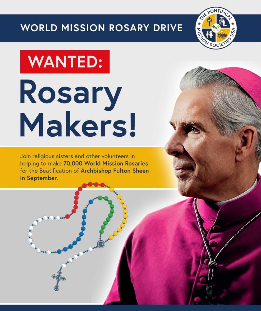 A poster featuring Fulton Sheen recruiting volunteers to make rosaries for his beatification.